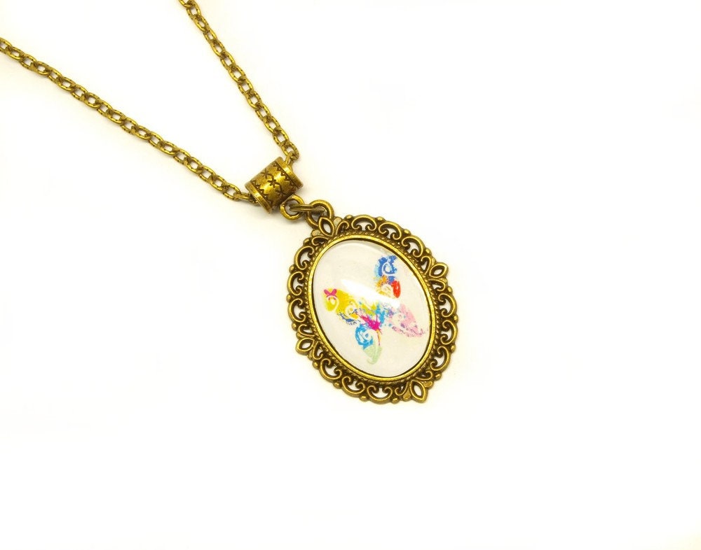 Kette Schmetterlinge Cabochon Glas bronze vintage