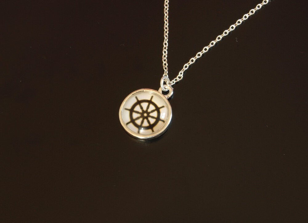 Kette silber Cabochon Glas Steuer maritim schwarz