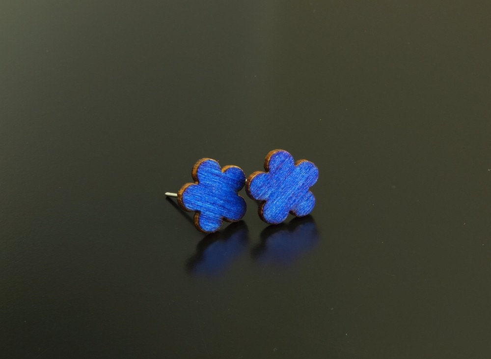 Ohrstecker Holz Blumen Ohrringe blau schlicht