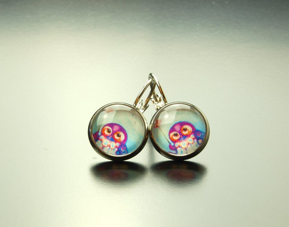 Ohrring Cabochon Glas silber Eule Vogel Motiv
