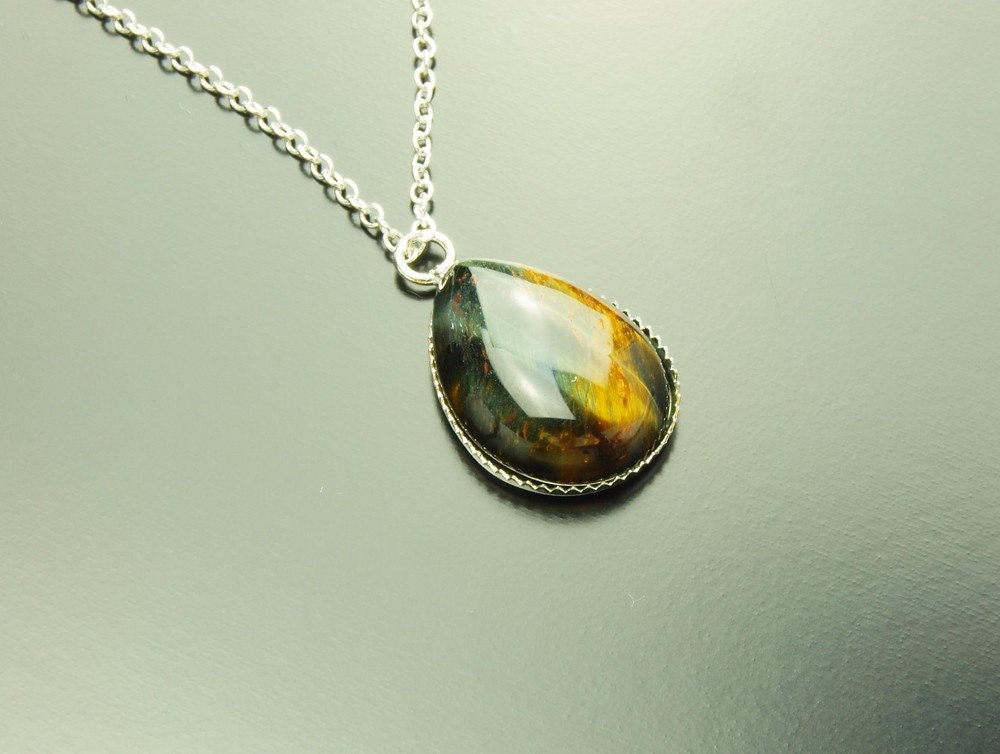 Kette Tigerauge Edelstein Tropfen silbern braun
