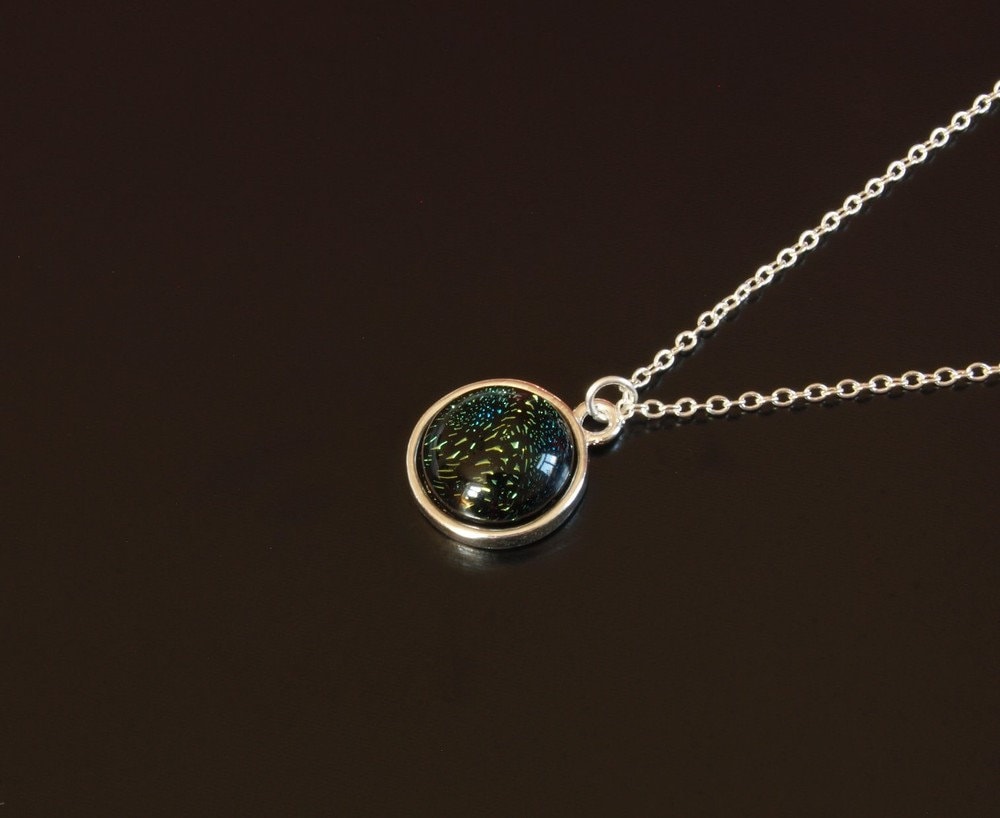 Kette Cabochon dichroitisches Glas bunt silbern