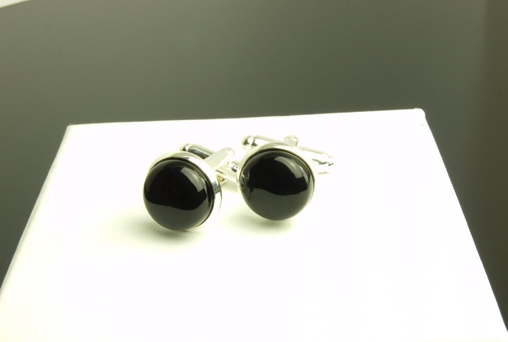 Manschettenknopf Edelstein Achat schwarz Cabochon