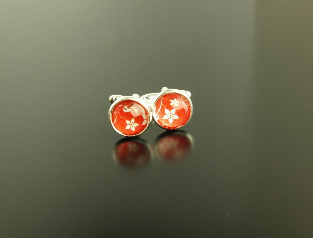 Manschettenknöpfe Cabochon Blüten Muster rot weiß