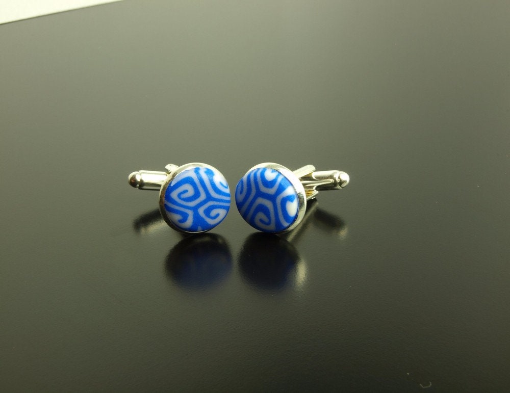 Manschettenknöpfe Platin silber retro Clay blau