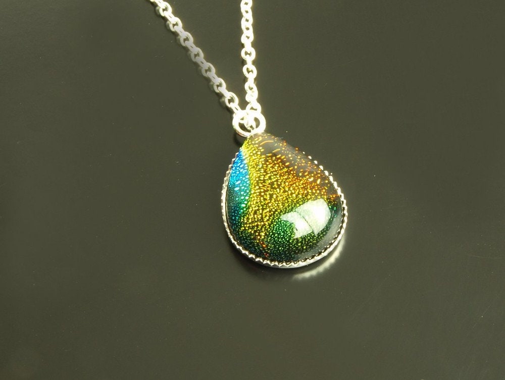 Kette Glas dichroitisch blau gelb Tropfen silbern