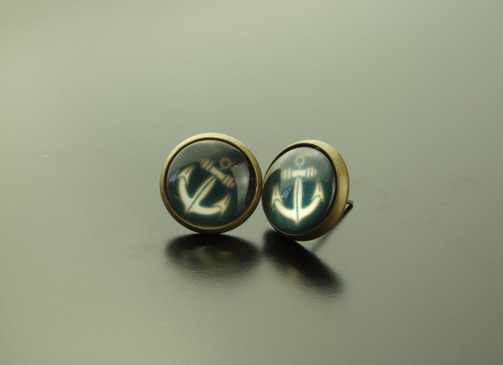 Ohrringe Anker Cabochon Ohrstecker blau bronze