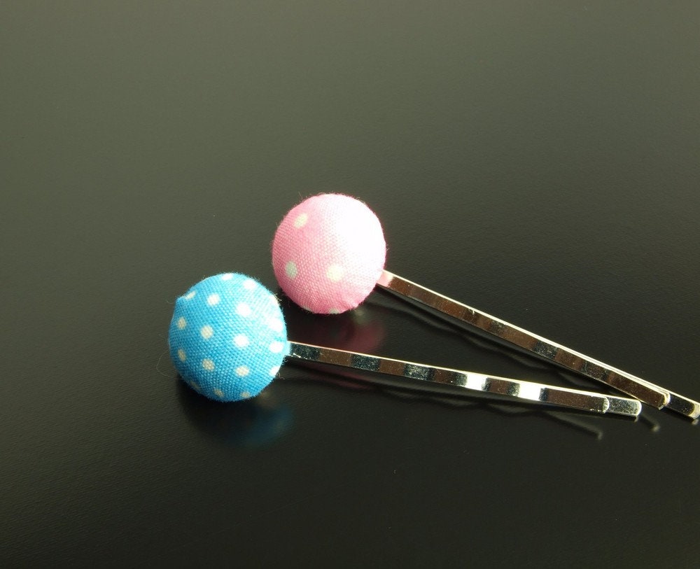 Haarklemmen Knopf Stoff Punkte blau rosa Haarnadel