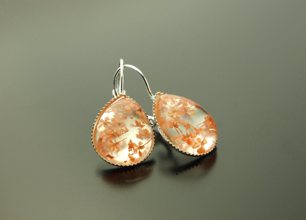 Echte Blüten orange Creole Ohrring silber Tropfen