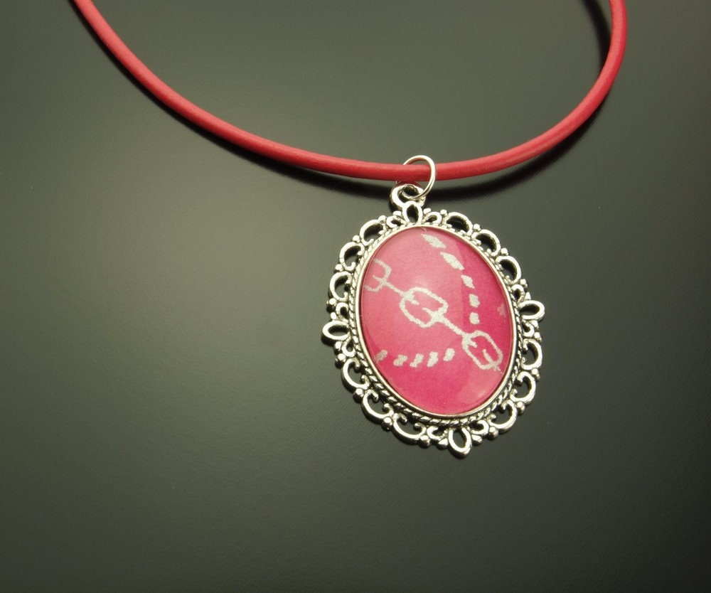 Kette Leder Cabochon Glas rosa silber retro