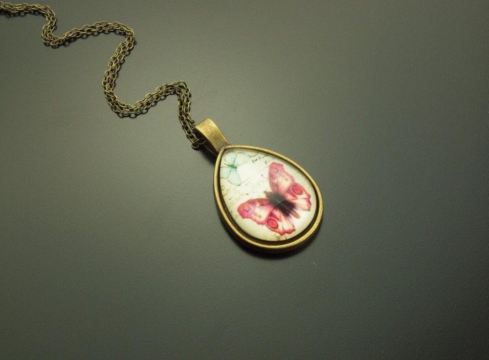 Kette bronze vintage Tropfen Schmetterling pink