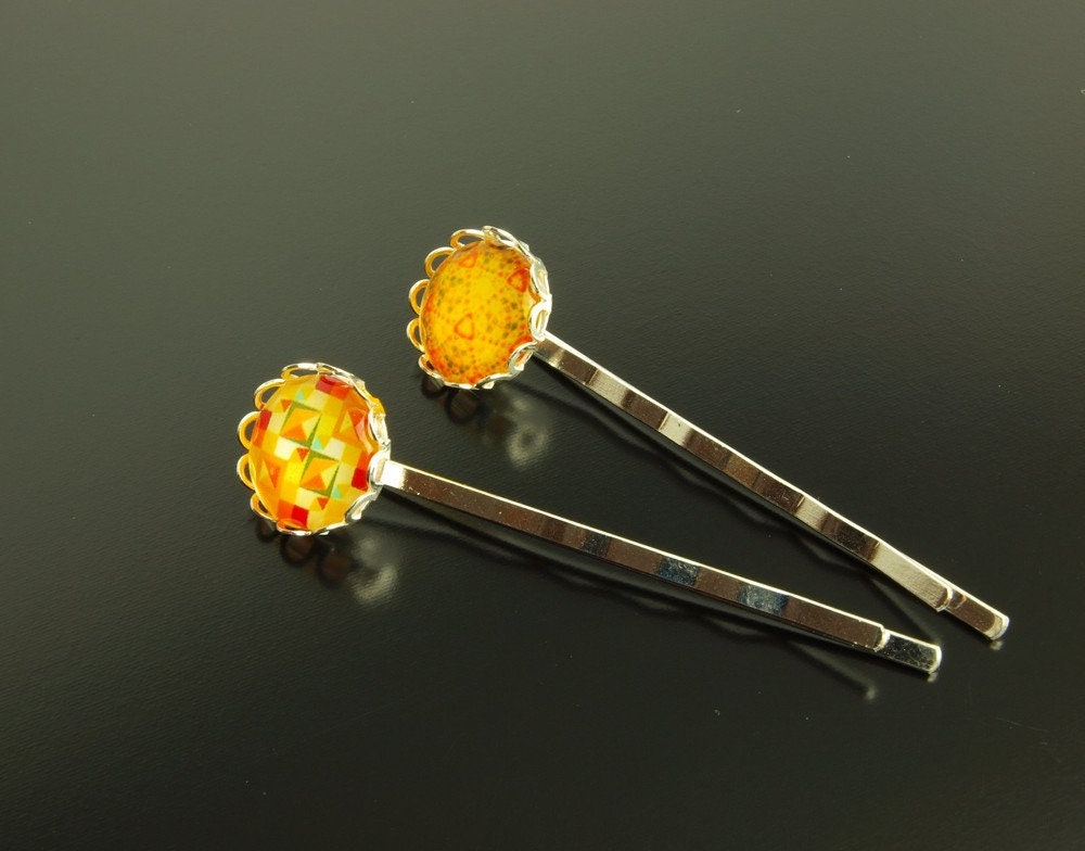 2 Haarklemmen Cabochon Haarnadel gelb rot