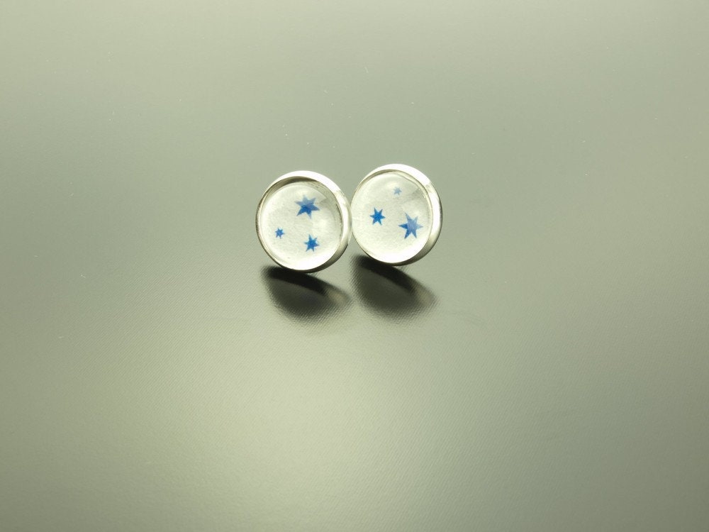 Ohrring Cabochon Glas Stecker Sterne blau weiß