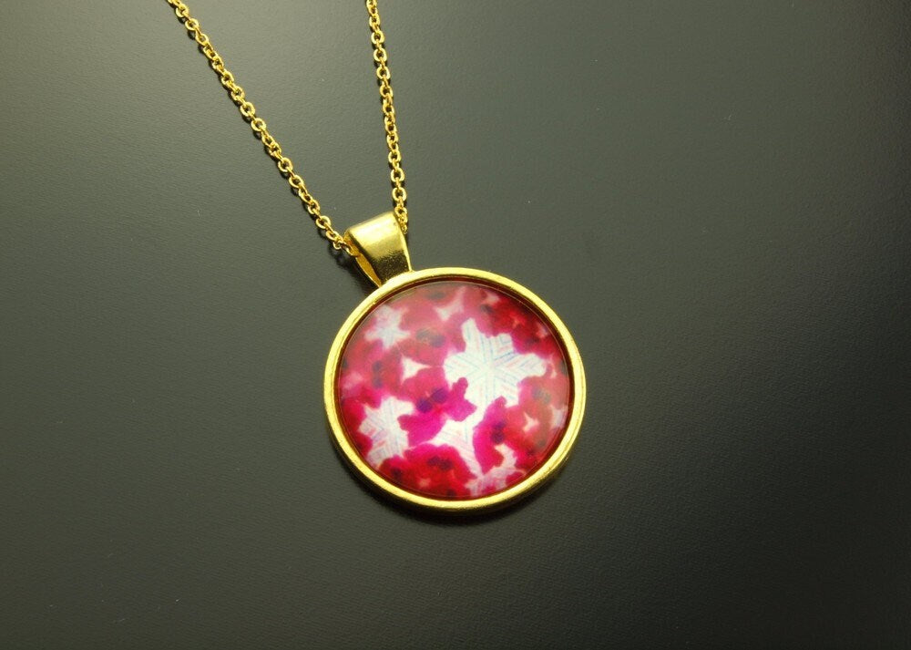 Kette golden Cabochon Glas Blüte Blumen pink weiß
