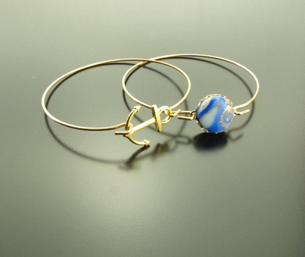 Set Armreifen Cabochon maritim Anker golden blau