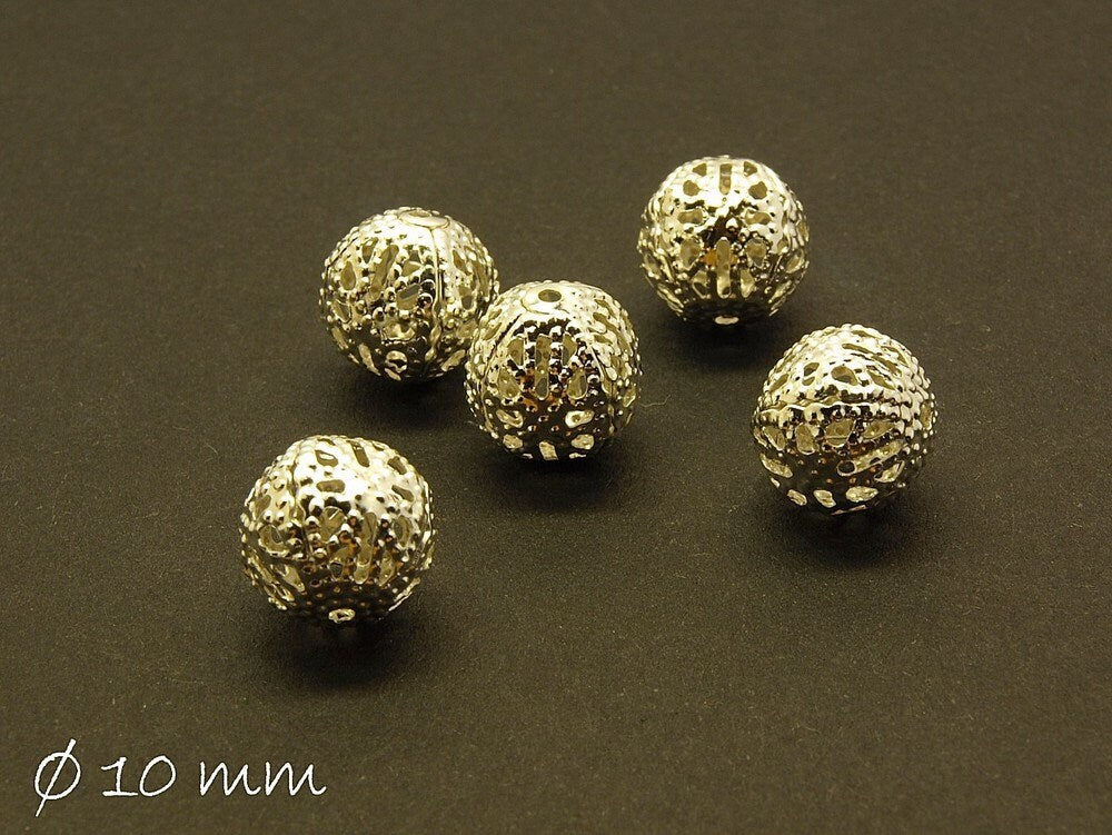 10 Stück filigrane Metallperlen, silber, 10 mm
