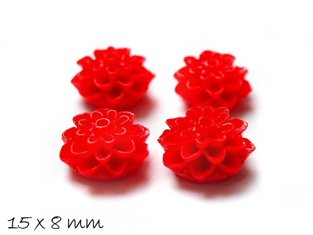 6 Stück Chrysanthemen Cabochons in rot, Ø 15 mm