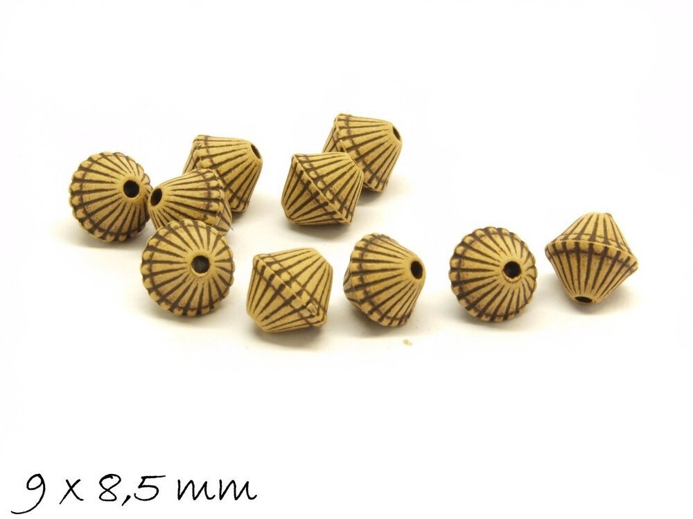 10 Stück Acryl Perlen Knochen Imitat, gemustert, Doppelkegel 9 x 8,5 mm