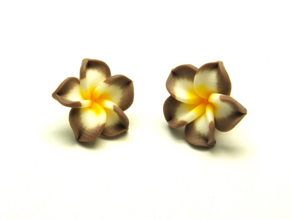 4 Stück Frangipani Blüten, Fimo Clay, braun 15 x 9 mm