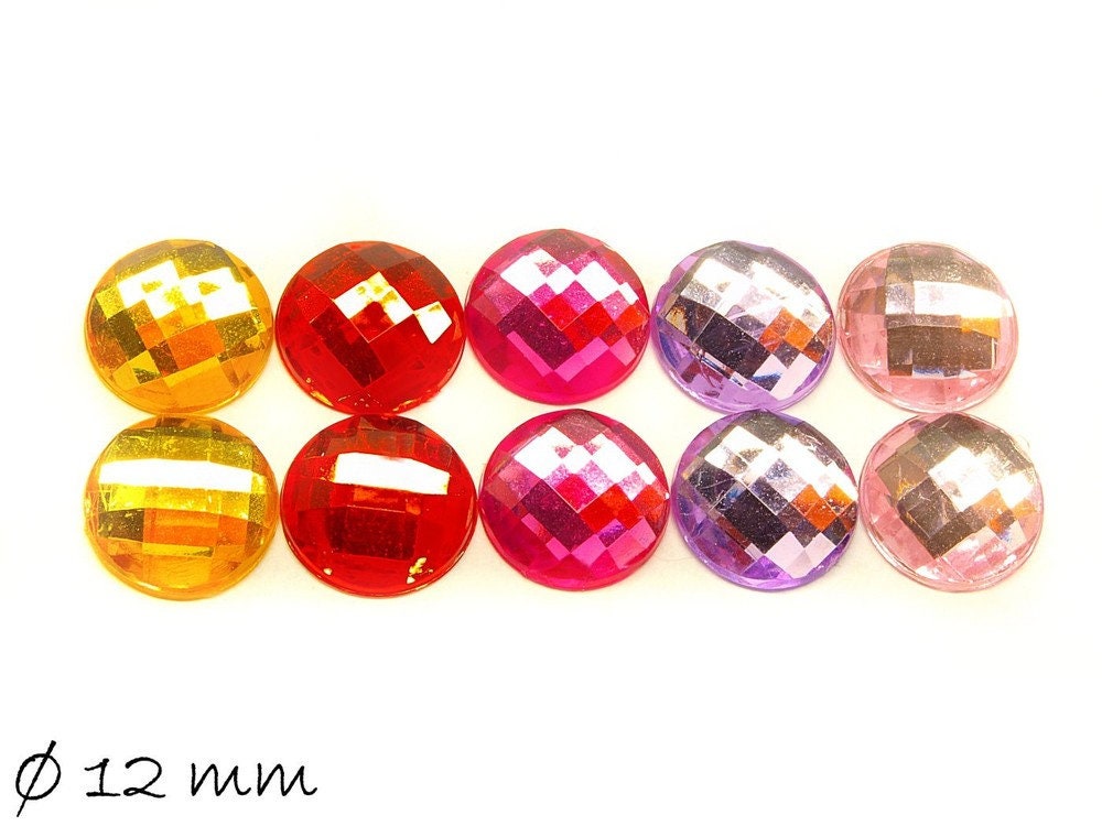 10 Stück runde Acryl Cabochons facettiert, 12 mm, Mix 1