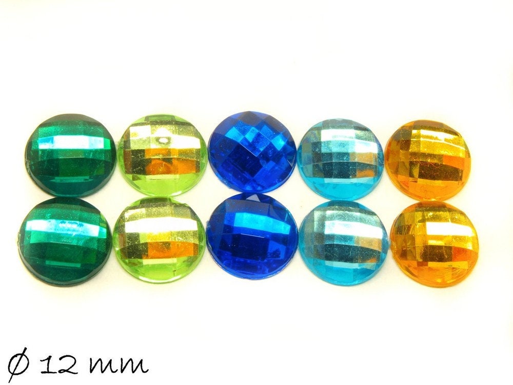 10 Stück runde Acryl Cabochons facettiert, 12 mm, Mix 2