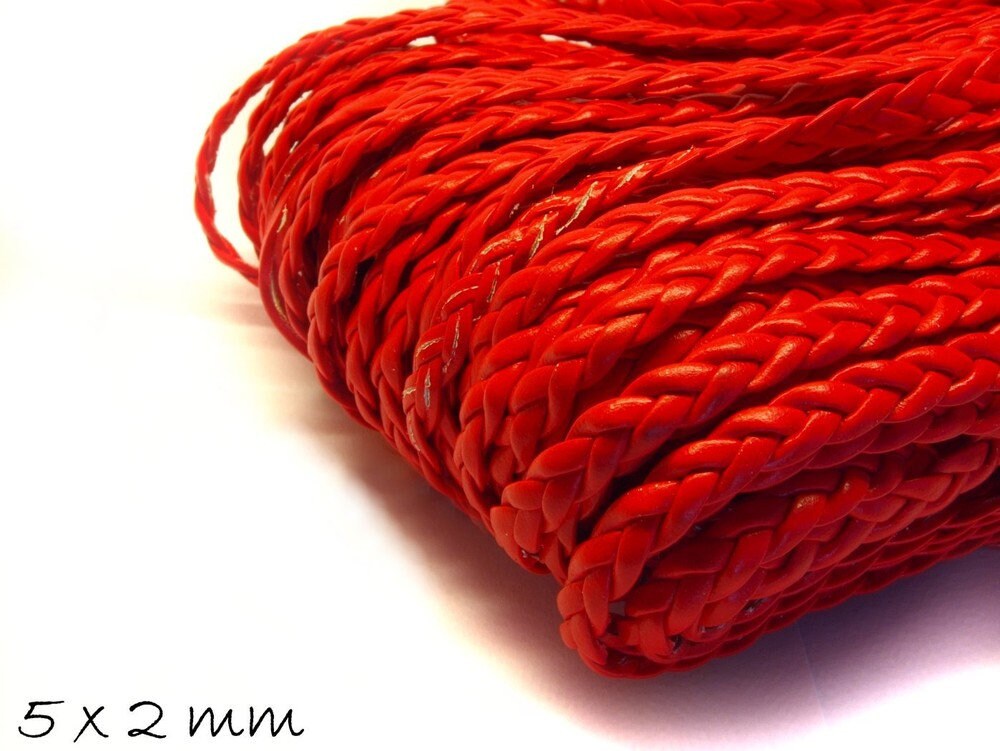 0,66EUR/m - 5 m Kunstlederband, geflochten flach rot , 5 x 2 mm
