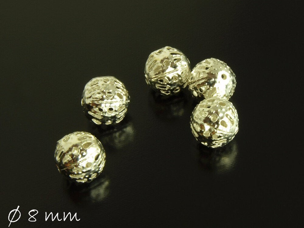 20 Stück filigrane Metallperlen, silber, 8 mm