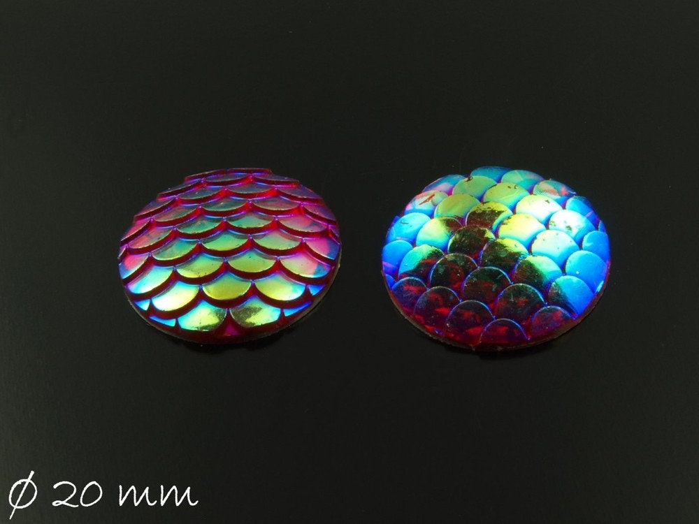 4 Stück runde Resin Cabochons, Fischhaut, Ø 20 mm, blau, rot