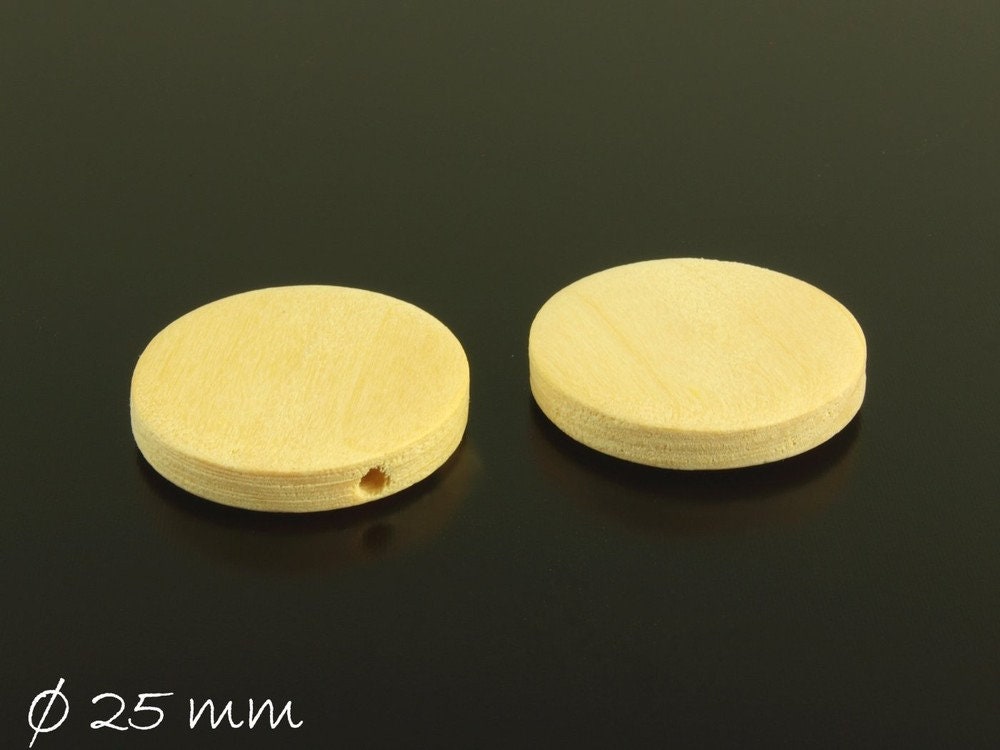 2 Stück Holzperlen, natur, beige, Scheibe, Ø 25 mm