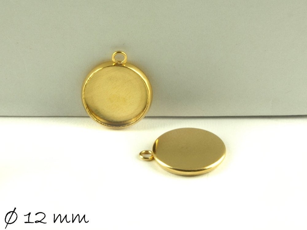 2 Stück Anhänger mit Fassung für Cabochons, Edelstahl, Gold, 12 mm