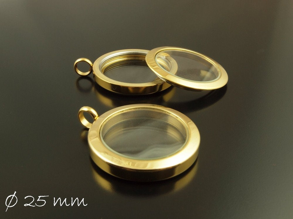 30 Stück Schraub-Medaillon gold Glas Edelstahl, Glasdurchmesser: 25 mm