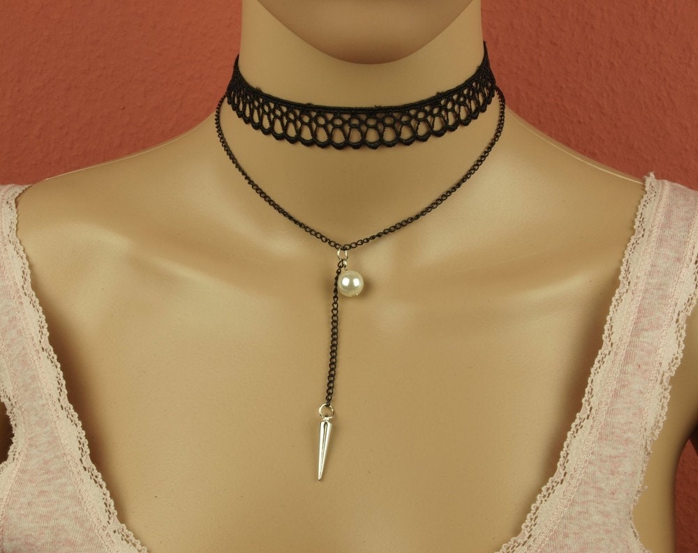 Choker Halskette Spitze Perle weiß Gothic schwarz