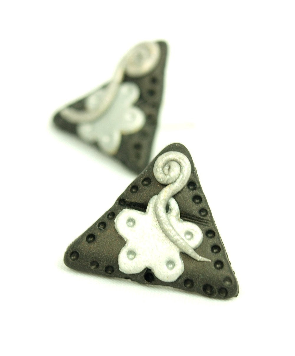 Ohrstecker Dreieck Fimo Silber Schwarz Steampunk