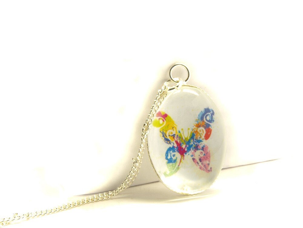 Kette Schmetterling Glas Cabochon silbern bunt