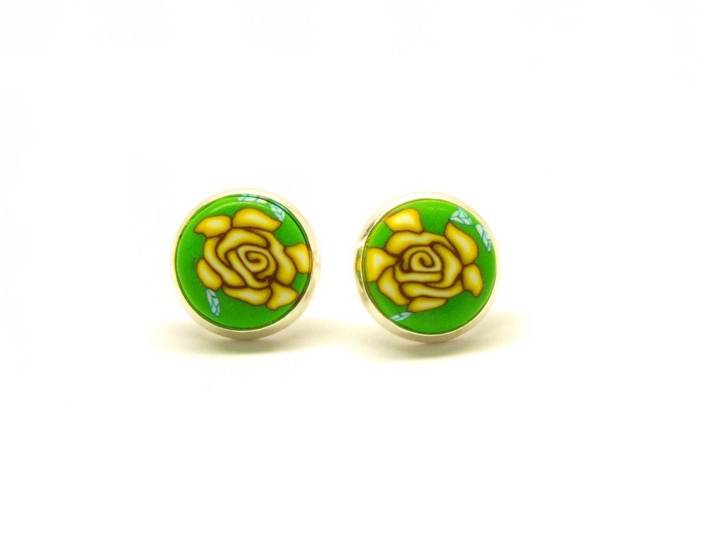 Ohrstecker Cabochon Rose Blume Blüte grün gelb
