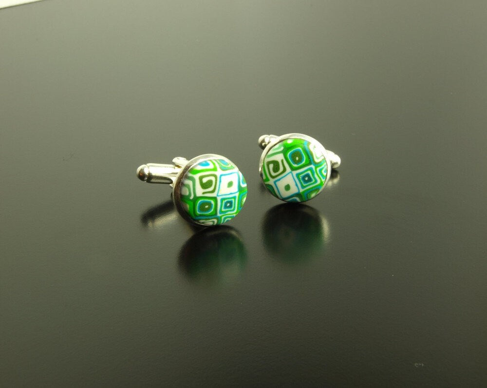 Manschettenknöpfe Platin silber retro Clay grün