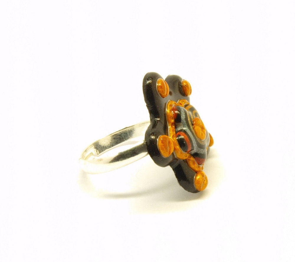 Ring nach Wahl Fimo Clay Cabochon schwarz gold Blume Blüte Stern
