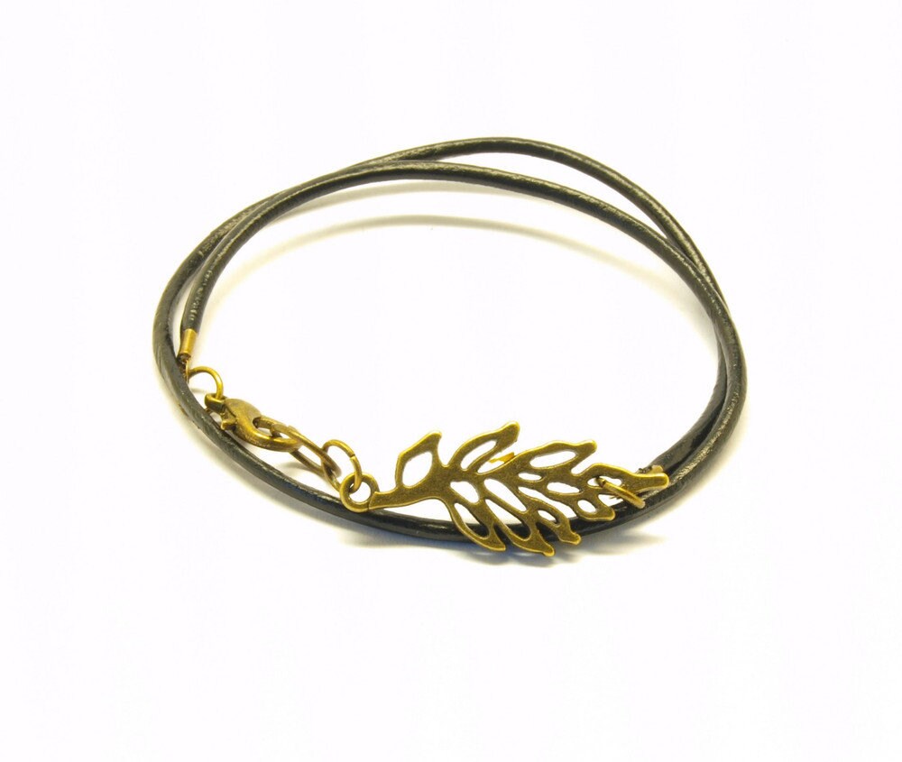 Leder Armband Wickelarmband bronze Blatt schwarz