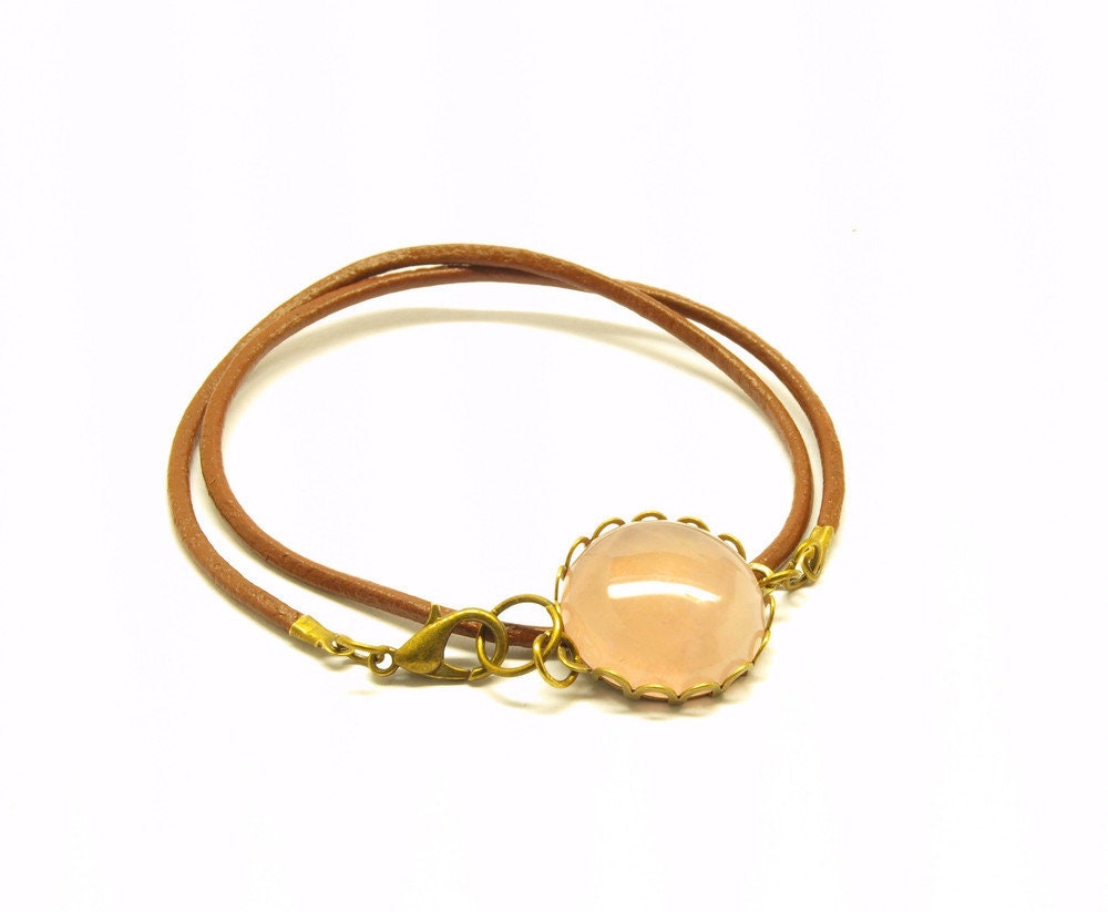 Wickelarmband mit Rosenquarz Cabochon, leder, Edelstein 18 mm