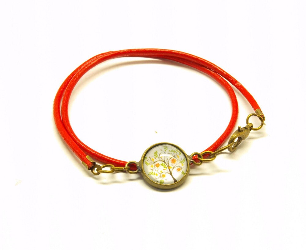 Wickelarmband Leder Cabochon Baum rot bunt Armband