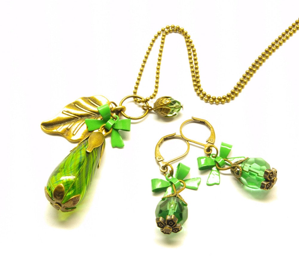 Set Kette Ohrringe Glas Perle hohl bronze vintage