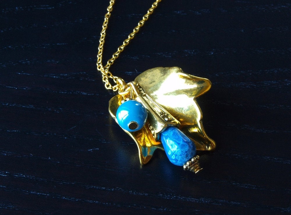Kette Blatt Achat Edelstein Perle blau gold lang
