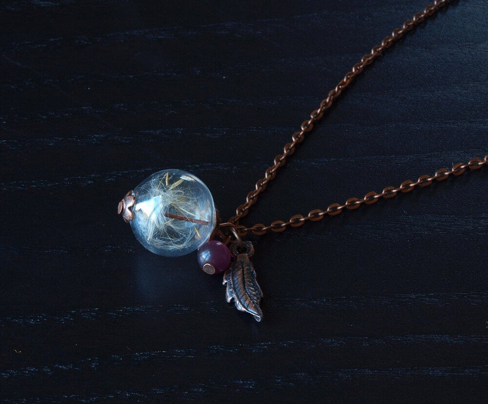 Echte Pusteblumen Kette Perle Glas hohl Kupfer