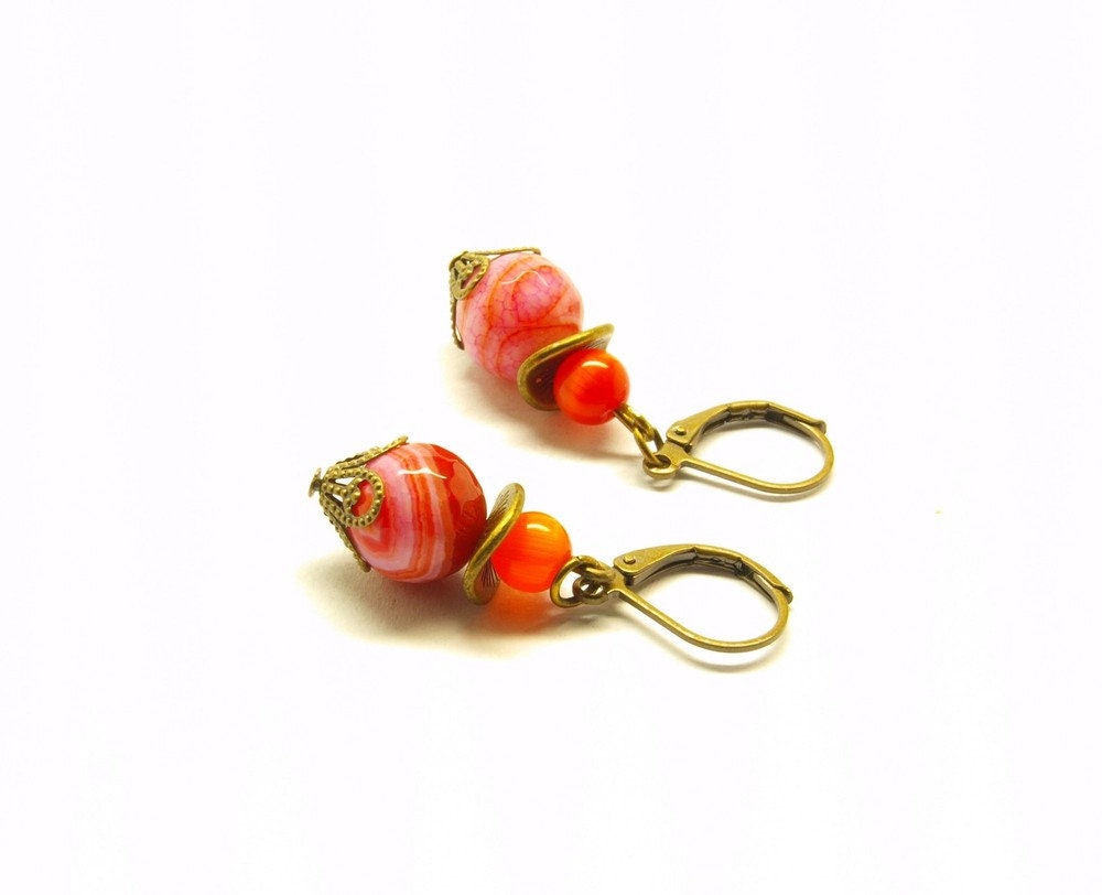 Ohrringe Achat Edelstein Perlen rot weiß bronze