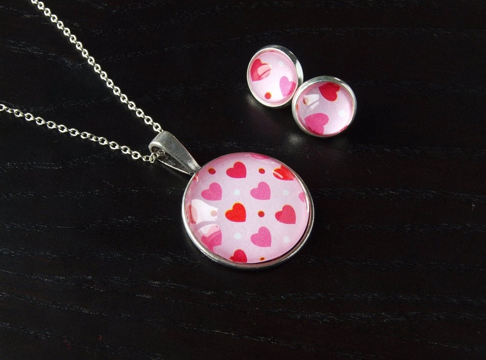 Schmuck Set Kette Ohrringe Cabochon Glas silber