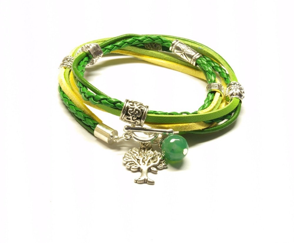 Wickelarmband Modulperlen grün gelb silber lang