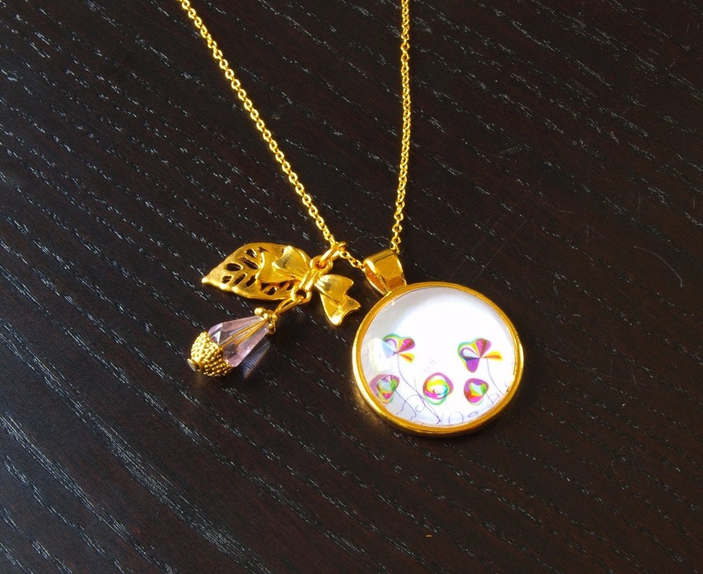 Kette golden Cabochon Mohn Blume Blüte bunt Blatt