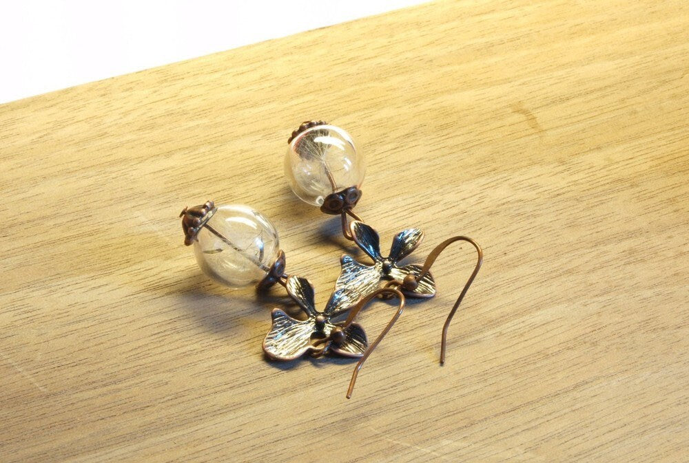 Echte Pusteblume Ohrring Perle Glas vintage kupfer