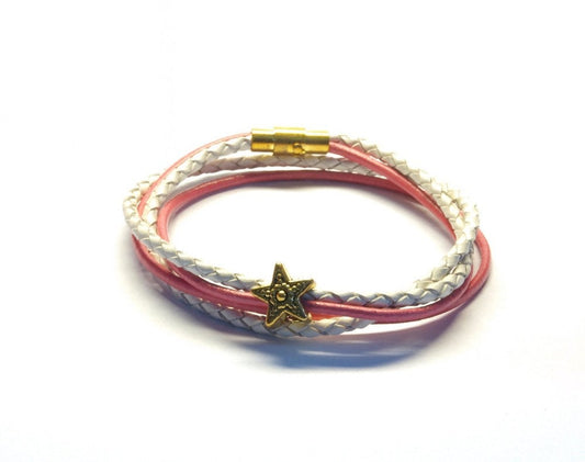 Leder Armband Stern gold rosa weiß Wickelarmband