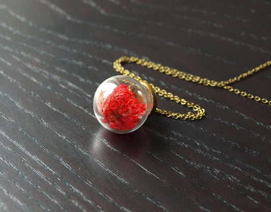 Echte getrocknete Blüten rot Kette Perle Glas Muster nach Wahl